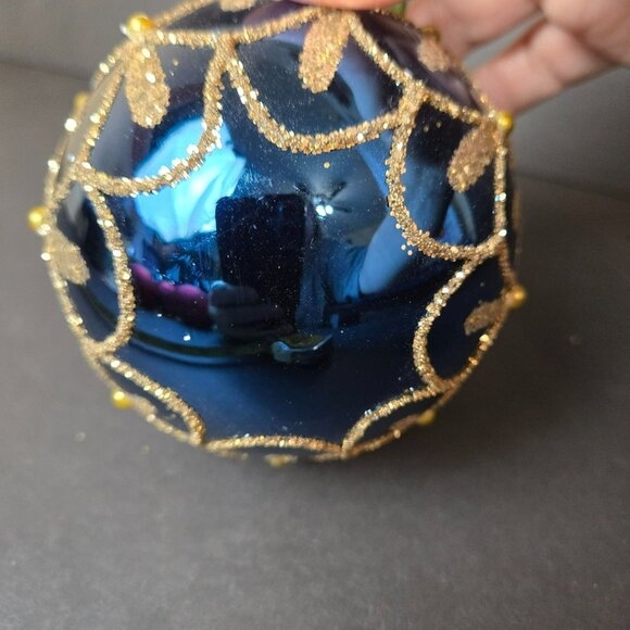 Frontgate Blue Gold Glass Ornament 4 Inch Elegant Beaded Glitter Christmas Decor - Picture 4 of 7